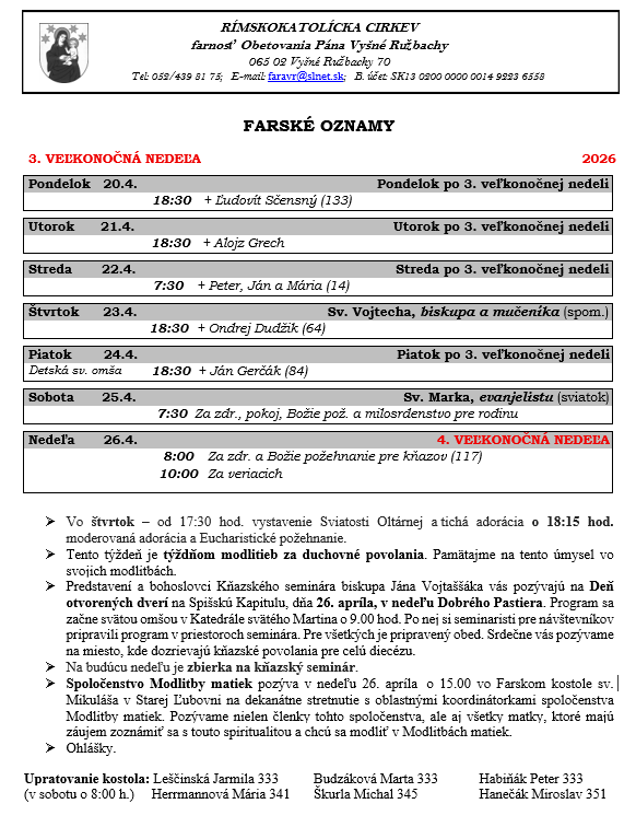 Farské oznamy 20.04.2026 - 26.04.2026