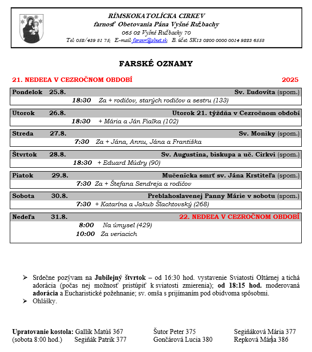 Farské oznamy 25.8.2025 - 31.8.2025